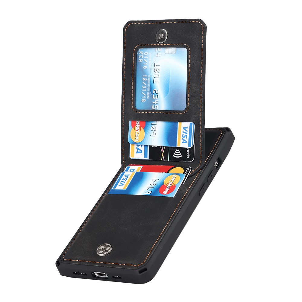 Vertical Flip Card Slots Design Button Closure Skin-touch Well-protected PU Leather Coated TPU Phone Case with Kickstand for iPhone 13 Pro 6.1 inch - Black-9