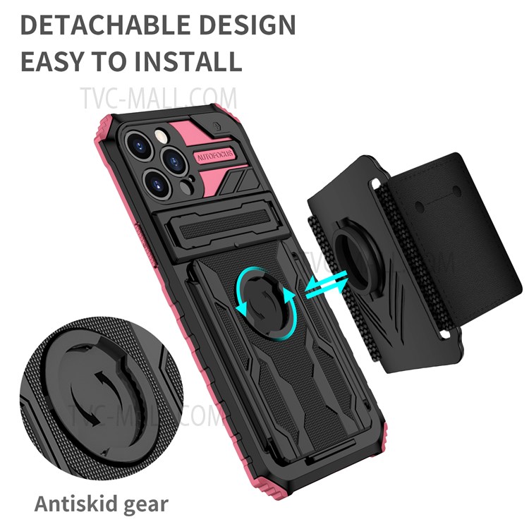 ENKAY Kickstand Hard PC + Soft TPU Phone Case Sport Mobile Phone Cover with Armband for iPhone 13 Pro Max 6.7 inch - Pink-2