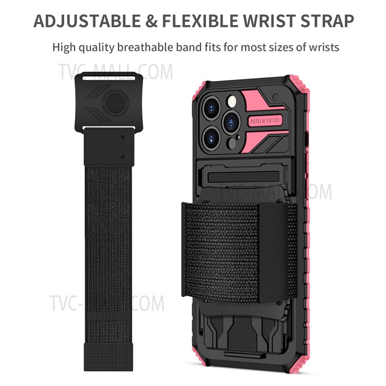 ENKAY Kickstand Hard PC + Soft TPU Phone Case Sport Mobile Phone Cover with Armband for iPhone 13 Pro Max 6.7 inch - Pink-3