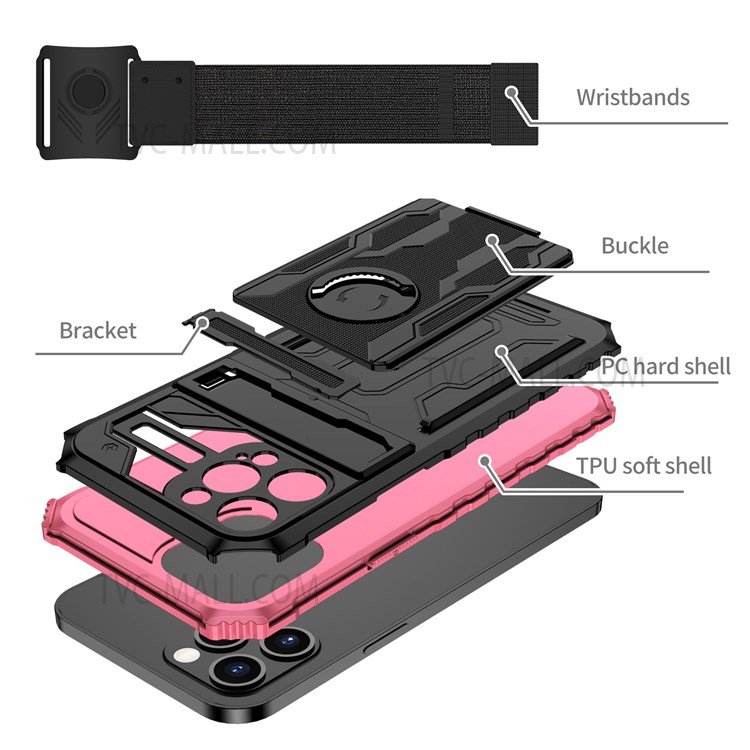 ENKAY Kickstand Hard PC + Soft TPU Phone Case Sport Mobile Phone Cover with Armband for iPhone 13 Pro Max 6.7 inch - Pink-4