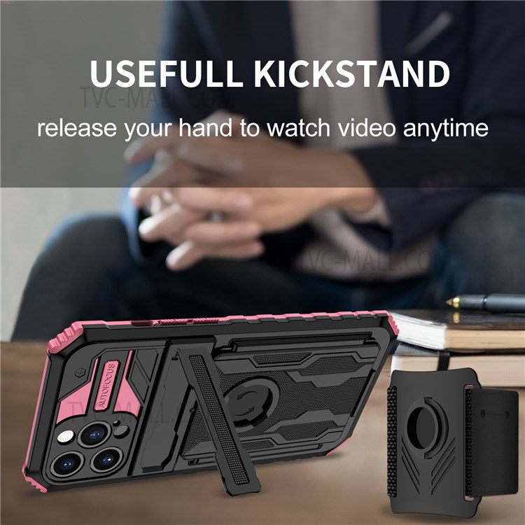 ENKAY Kickstand Hard PC + Soft TPU Phone Case Sport Mobile Phone Cover with Armband for iPhone 13 Pro Max 6.7 inch - Pink-5