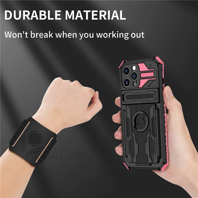 ENKAY Kickstand Hard PC + Soft TPU Phone Case Sport Mobile Phone Cover with Armband for iPhone 13 Pro Max 6.7 inch - Pink-6