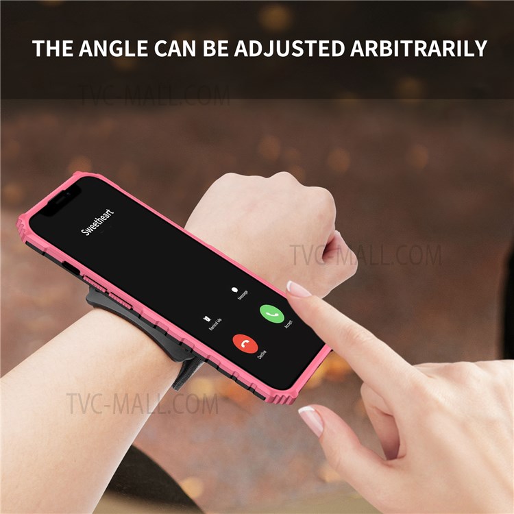 ENKAY Kickstand Hard PC + Soft TPU Phone Case Sport Mobile Phone Cover with Armband for iPhone 13 Pro Max 6.7 inch - Pink-8