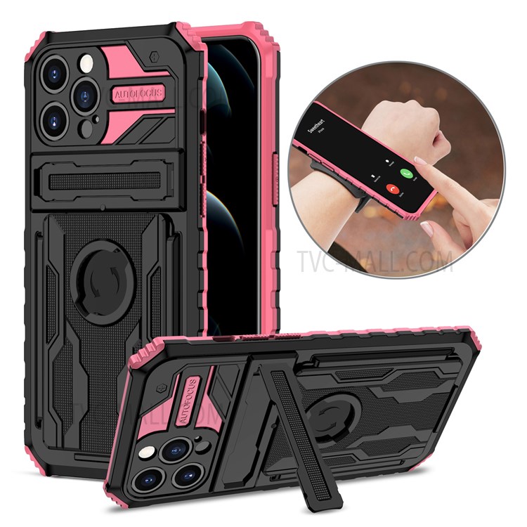 ENKAY Shockproof Cell Phone Protection Shell PC + TPU Phone Case with Kickstand and Sport Armband for iPhone 12 Pro 6.1 inch - Pink-1