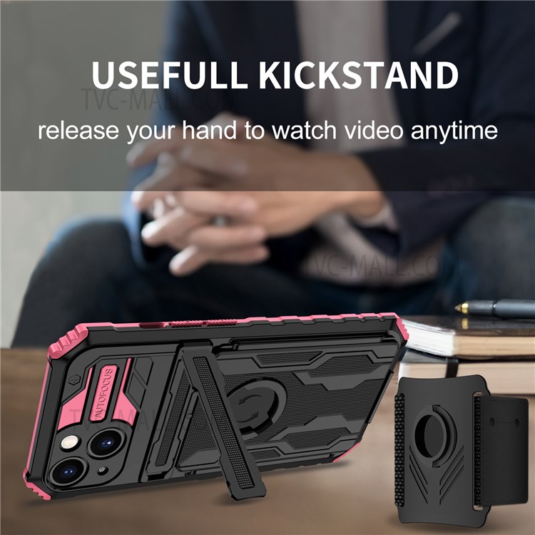 ENKAY Kickstand Hard PC + Soft TPU Phone Case Sport Mobile Phone Cover with Armband for iPhone 13 mini 5.4 inch - Pink-5