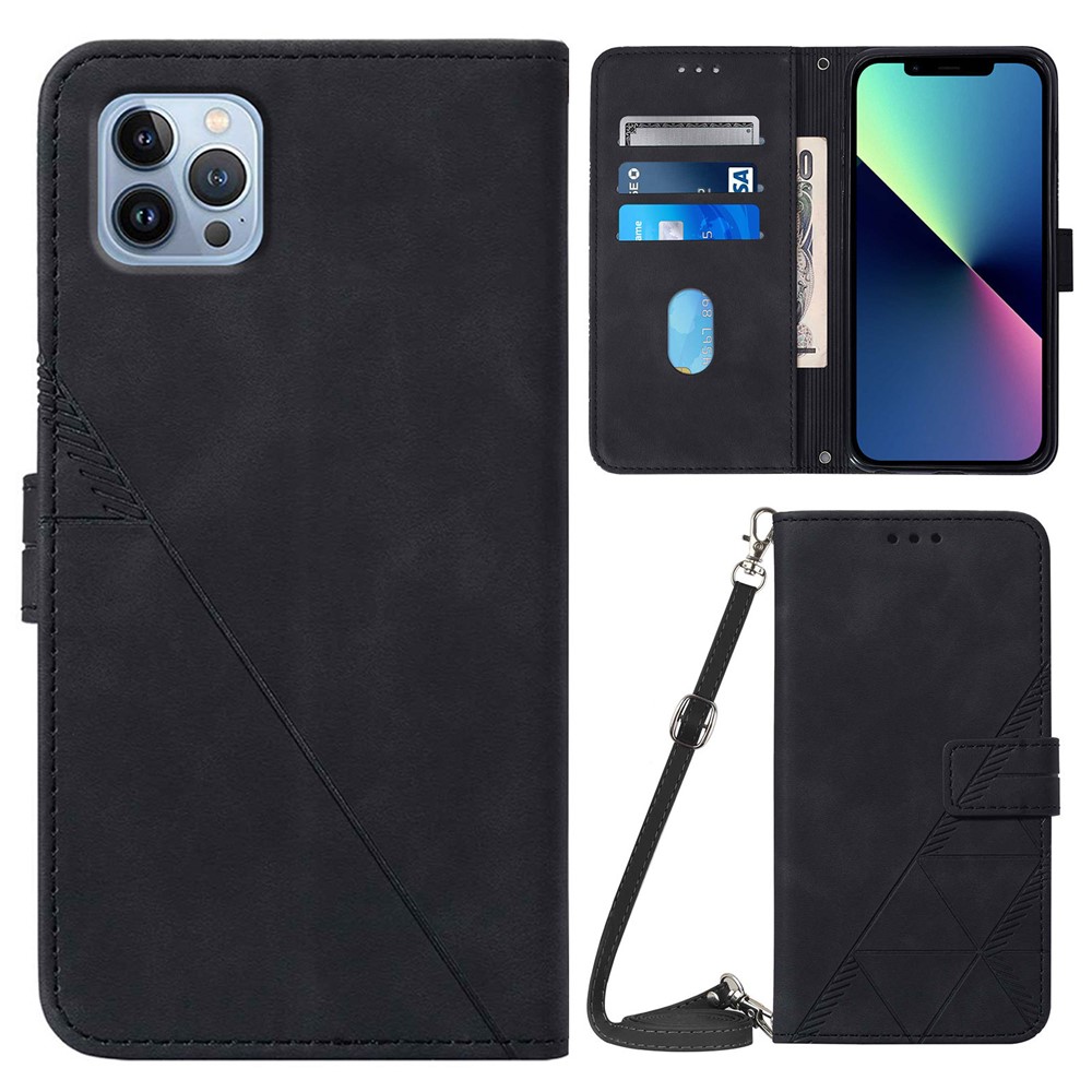 PB2-1 Series Scratch Resistant Imprinted Wallet Phone Cover PU Leather Business Phone Case with Long Strap Stand for iPhone 13 Pro 6.1 inch - Black-1