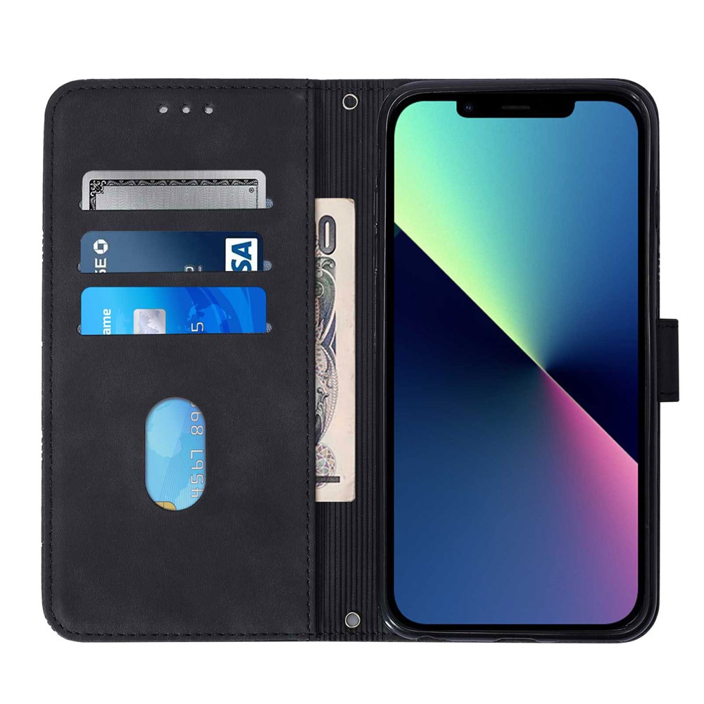 PB2-1 Series Scratch Resistant Imprinted Wallet Phone Cover PU Leather Business Phone Case with Long Strap Stand for iPhone 13 Pro 6.1 inch - Black-4