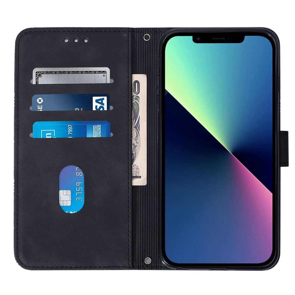 PB2-1 Series PU Leather Imprinted Phone Case Scratch-proof Business Phone Cover with Wallet Shoulder Strap for iPhone 13 6.1 inch - Black-4