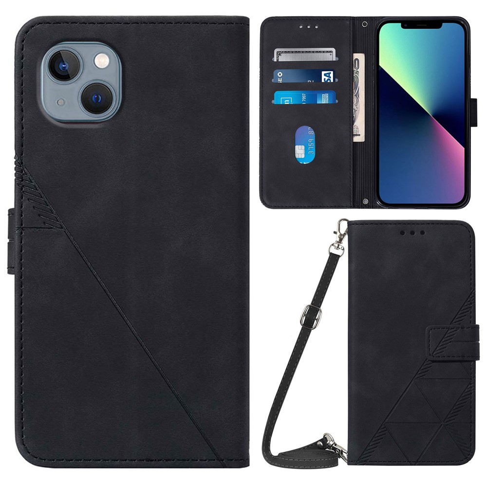 PB2-1 Series Business PU Leather Phone Case Anti-scratch Imprinted Wallet Phone Cover with Long Shoulder Strap for iPhone 13 mini 5.4 inch - Black-1