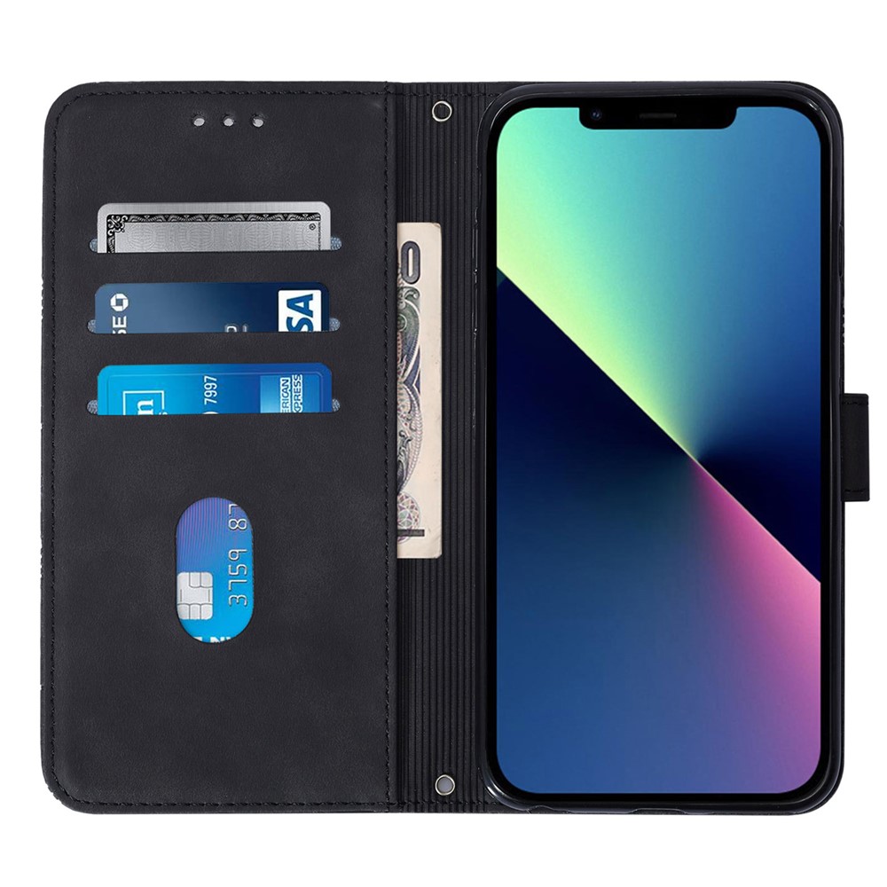PB2-1 Series Business PU Leather Phone Case Anti-scratch Imprinted Wallet Phone Cover with Long Shoulder Strap for iPhone 13 mini 5.4 inch - Black-4