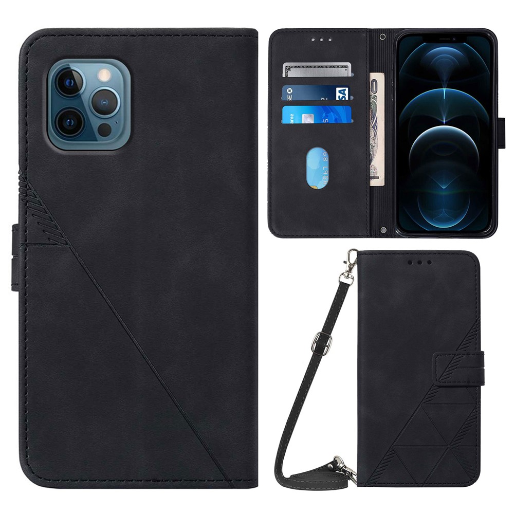PB2-1 Series PU Leather Business Phone Case Scratch Resistant Imprinted Wallet Phone Protector with Shoulder Strap Stand for iPhone 12 Pro Max 6.7 inch - Black-1