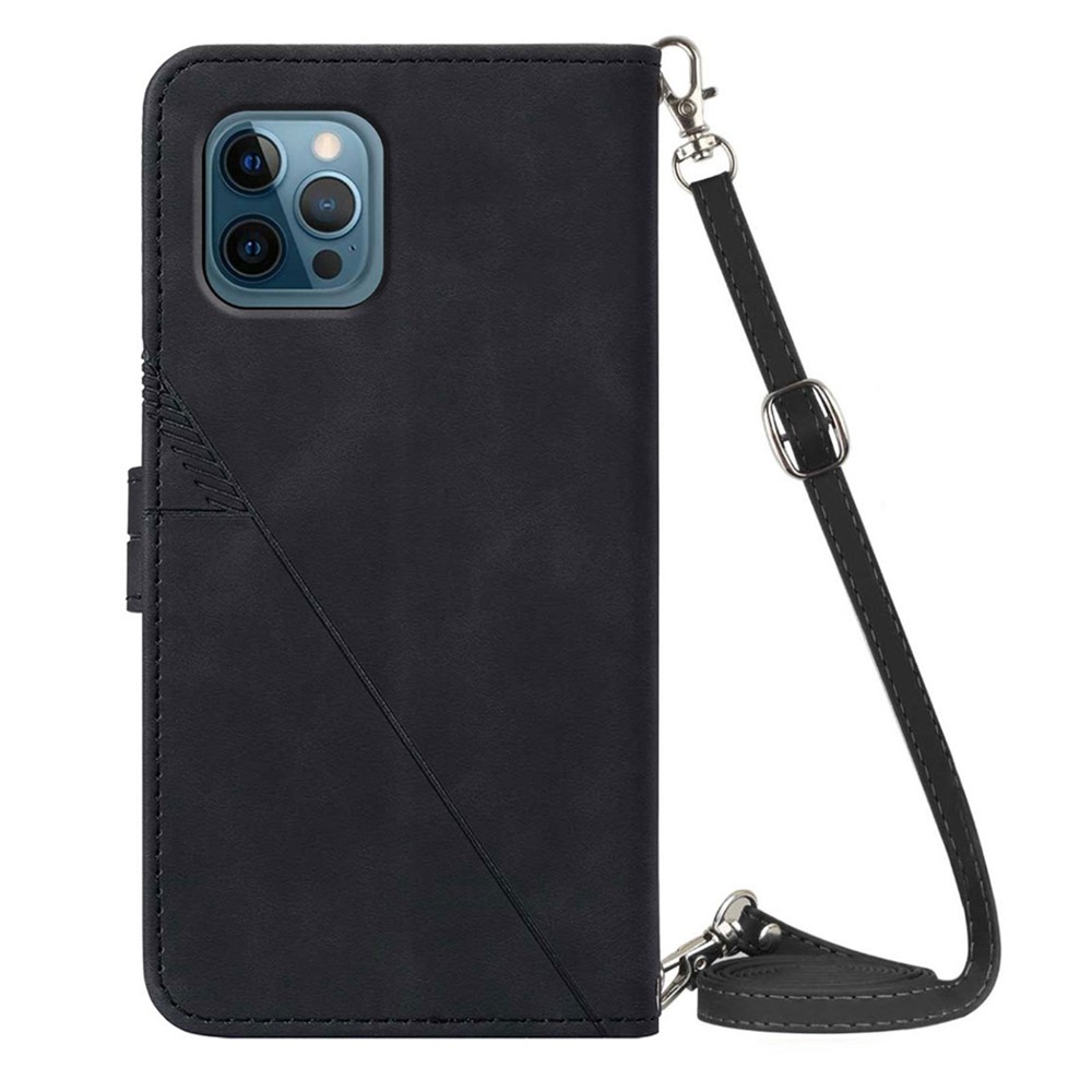 PB2-1 Series PU Leather Business Phone Case Scratch Resistant Imprinted Wallet Phone Protector with Shoulder Strap Stand for iPhone 12 Pro Max 6.7 inch - Black-3
