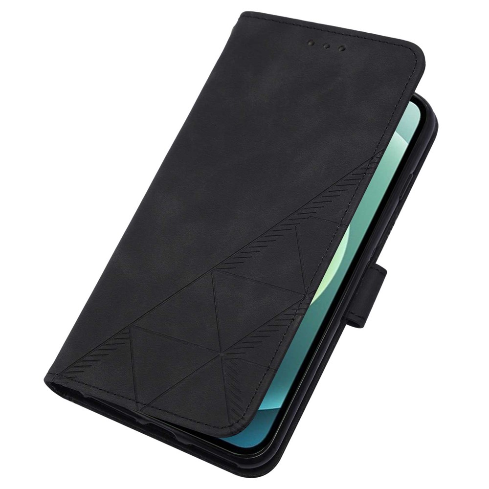 PB2-1 Series Imprinted Lines PU Leather Phone Case Shockproof Phone Cover with Wallet Long Strap Stand for iPhone 12 Pro 6.1 inch/12 6.1 inch - Black-10