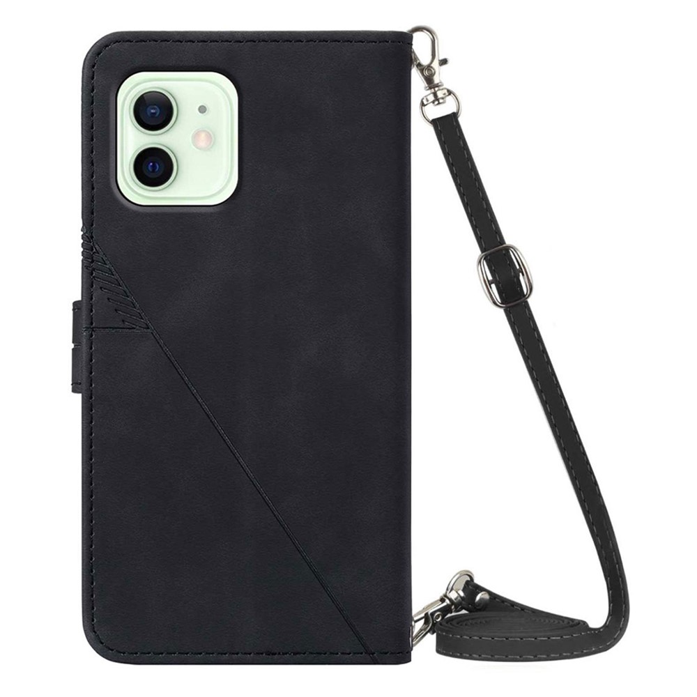 PB2-1 Series Imprinted Lines PU Leather Phone Case Shockproof Phone Cover with Wallet Long Strap Stand for iPhone 12 Pro 6.1 inch/12 6.1 inch - Black-3