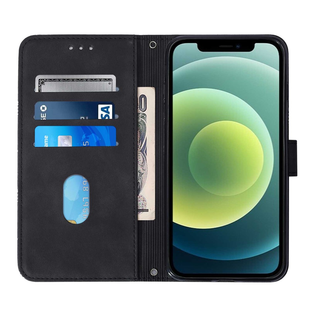 PB2-1 Series Imprinted Lines PU Leather Phone Case Shockproof Phone Cover with Wallet Long Strap Stand for iPhone 12 Pro 6.1 inch/12 6.1 inch - Black-4