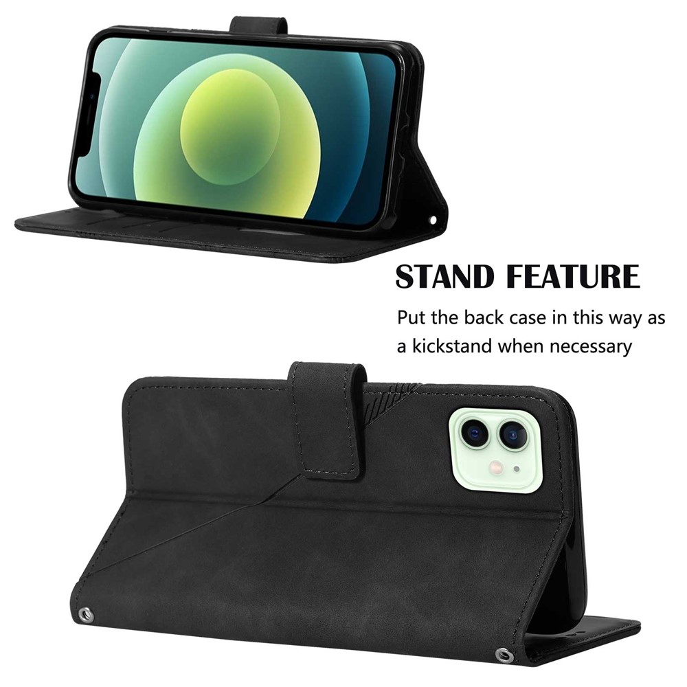 PB2-1 Series Imprinted Lines PU Leather Phone Case Shockproof Phone Cover with Wallet Long Strap Stand for iPhone 12 Pro 6.1 inch/12 6.1 inch - Black-5