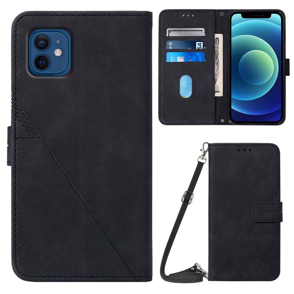 PB2-1 Series PU Leather Phone Case Anti-fall Imprinted Phone Cover with Wallet Long Lanyard Stand for iPhone 12 mini 5.4 inch - Black-1