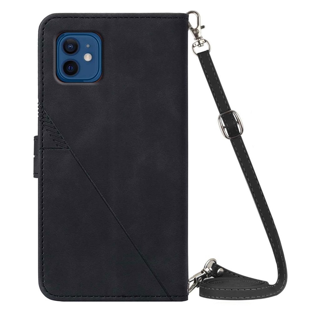 PB2-1 Series PU Leather Phone Case Anti-fall Imprinted Phone Cover with Wallet Long Lanyard Stand for iPhone 12 mini 5.4 inch - Black-3