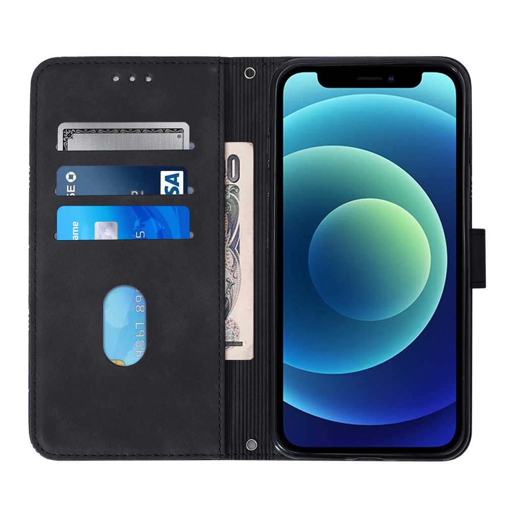 PB2-1 Series PU Leather Phone Case Anti-fall Imprinted Phone Cover with Wallet Long Lanyard Stand for iPhone 12 mini 5.4 inch - Black-4