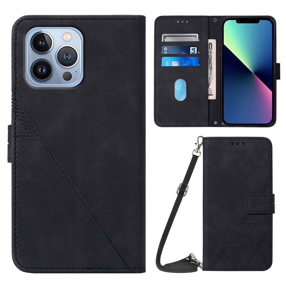 PB2-1 Series Imprinted PU Leather Phone Case Scratch-proof Business Wallet Phone Protector with Shoulder Strap Stand for iPhone 13 Pro Max 6.7 inch - Black-1