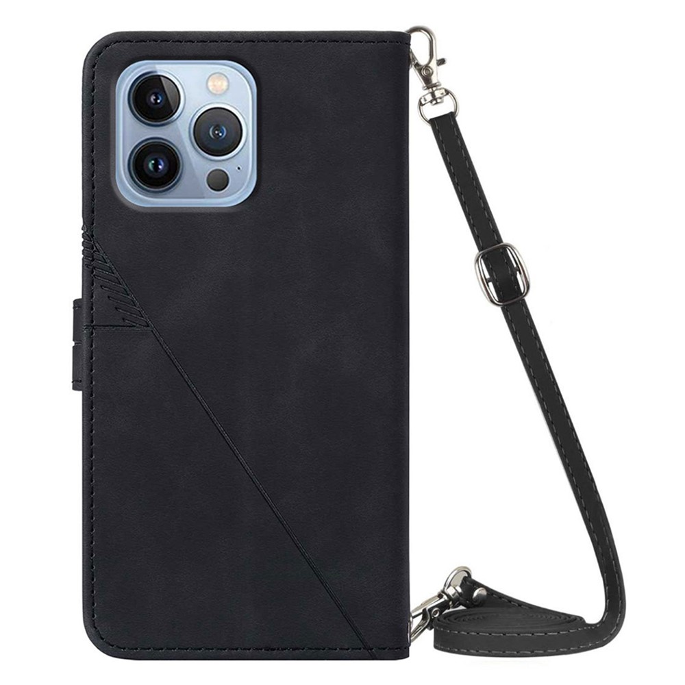 PB2-1 Series Imprinted PU Leather Phone Case Scratch-proof Business Wallet Phone Protector with Shoulder Strap Stand for iPhone 13 Pro Max 6.7 inch - Black-3