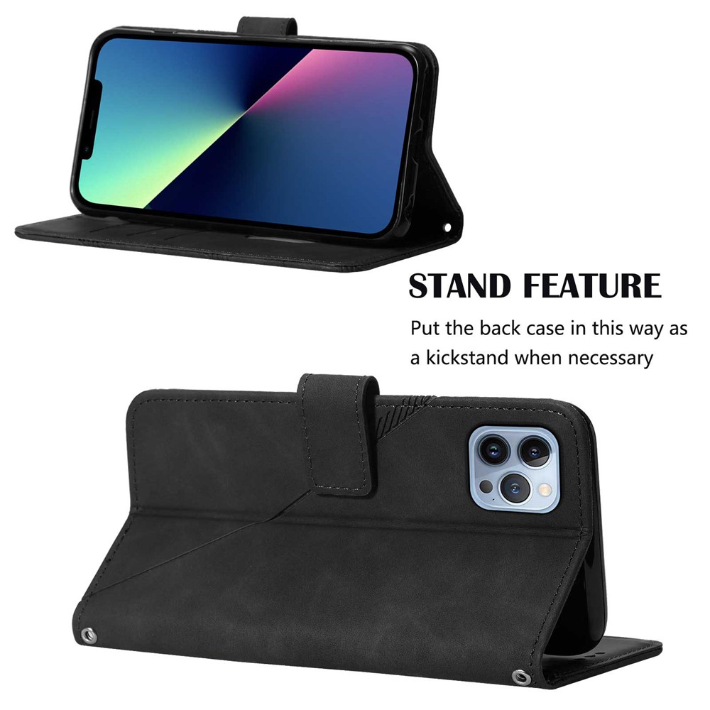 PB2-1 Series Imprinted PU Leather Phone Case Scratch-proof Business Wallet Phone Protector with Shoulder Strap Stand for iPhone 13 Pro Max 6.7 inch - Black-5