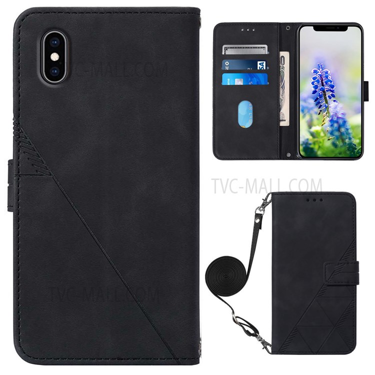 PB2-1 Series PU Leather Anti-fall Long Lanyard Case Imprinting Lines Wallet Phone Cover with Stand for Apple iPhone XS Max 6.5 inch - Black-1