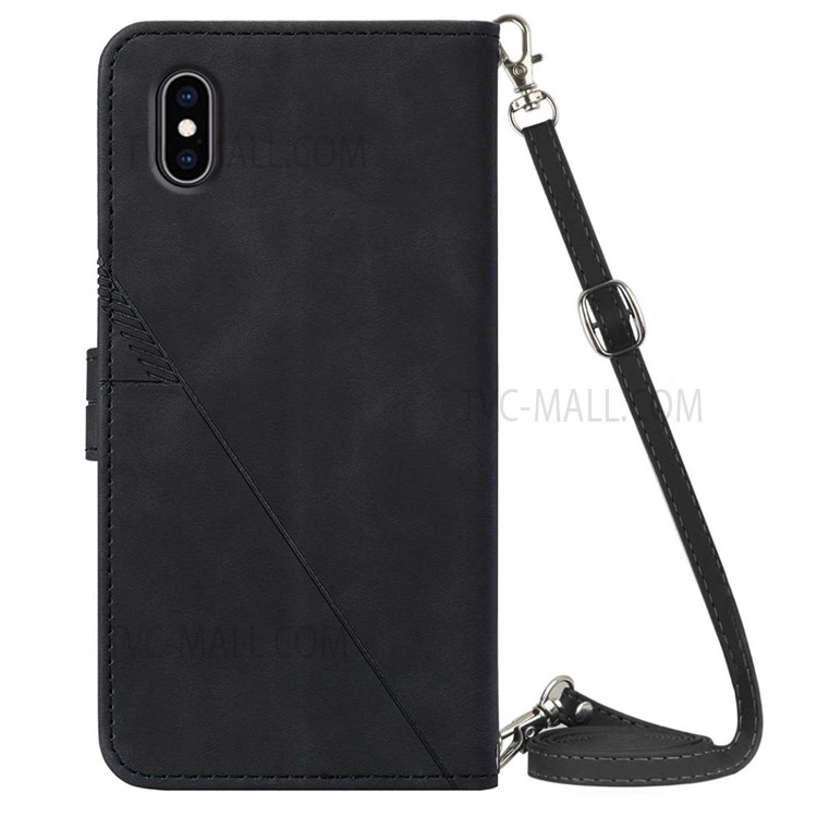 PB2-1 Series PU Leather Anti-fall Long Lanyard Case Imprinting Lines Wallet Phone Cover with Stand for Apple iPhone XS Max 6.5 inch - Black-3