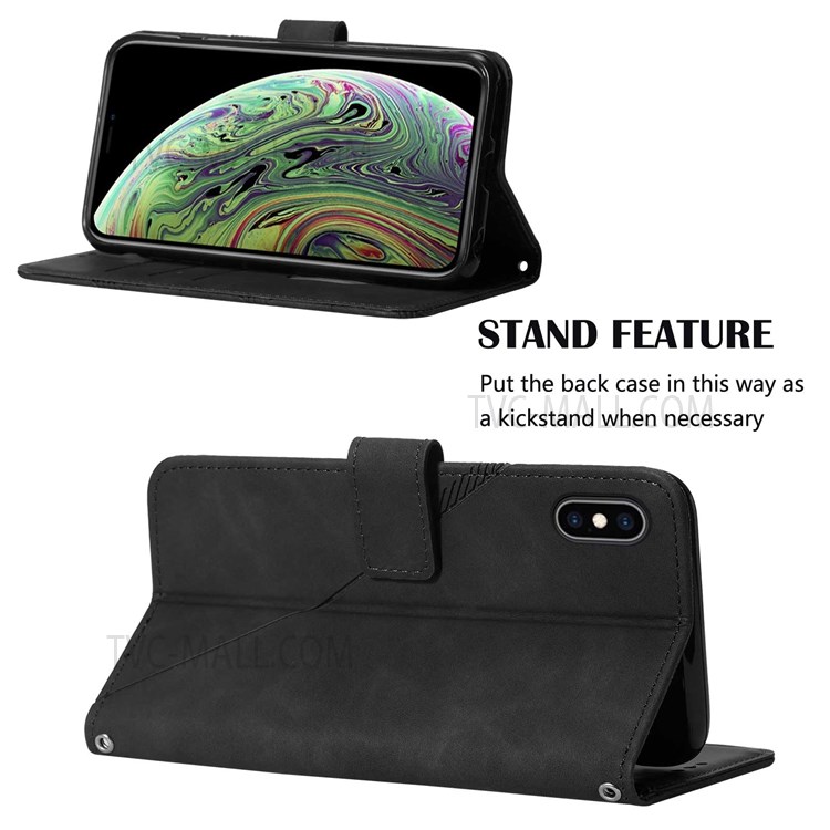 PB2-1 Series PU Leather Anti-fall Long Lanyard Case Imprinting Lines Wallet Phone Cover with Stand for Apple iPhone XS Max 6.5 inch - Black-5