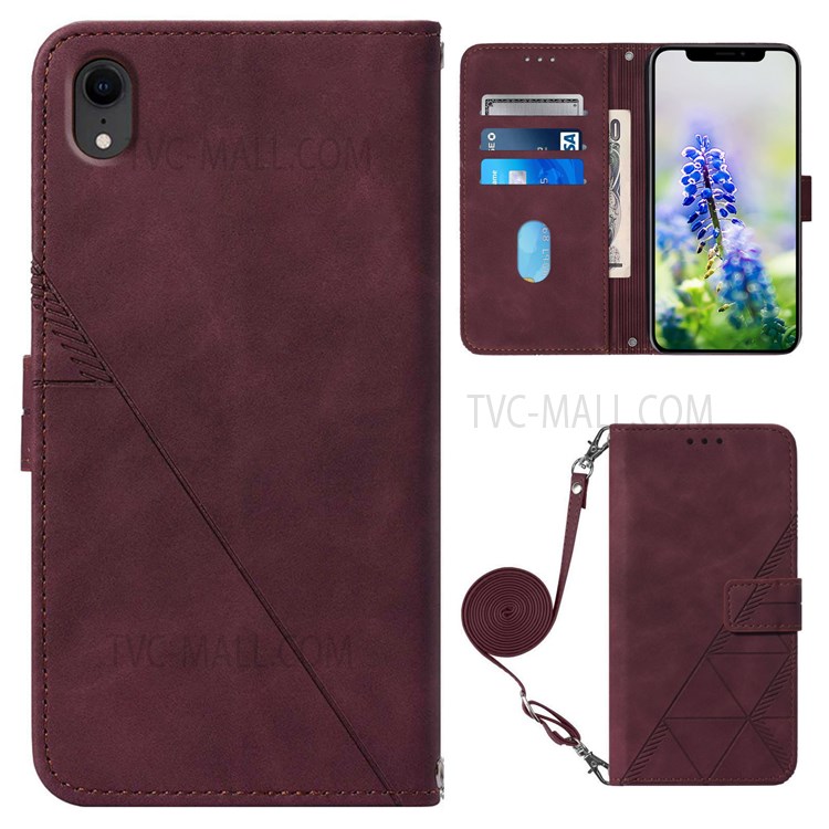 PB2-1 Series Magnetic Closure Long Lanyard Design Case Imprinting Lines PU Leather Stand Wallet Phone Shell for Apple iPhone XR 6.1 inch - Wine Red-1