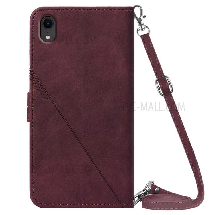PB2-1 Series Magnetic Closure Long Lanyard Design Case Imprinting Lines PU Leather Stand Wallet Phone Shell for Apple iPhone XR 6.1 inch - Wine Red-3