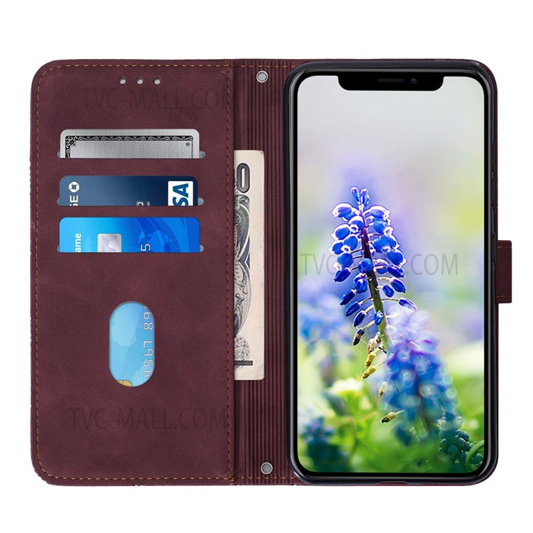PB2-1 Series Magnetic Closure Long Lanyard Design Case Imprinting Lines PU Leather Stand Wallet Phone Shell for Apple iPhone XR 6.1 inch - Wine Red-4