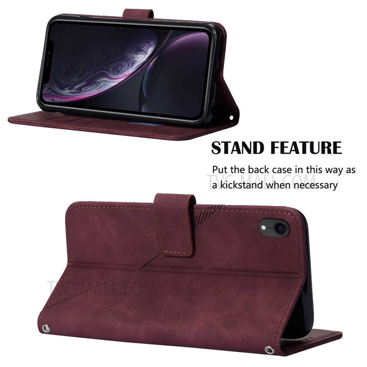 PB2-1 Series Magnetic Closure Long Lanyard Design Case Imprinting Lines PU Leather Stand Wallet Phone Shell for Apple iPhone XR 6.1 inch - Wine Red-5