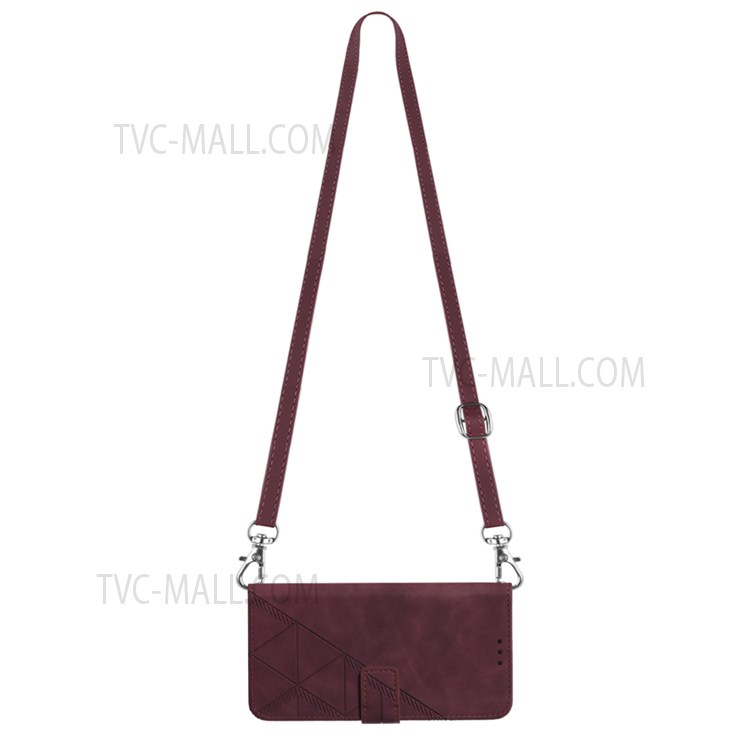 PB2-1 Series Magnetic Closure Long Lanyard Design Case Imprinting Lines PU Leather Stand Wallet Phone Shell for Apple iPhone XR 6.1 inch - Wine Red-6