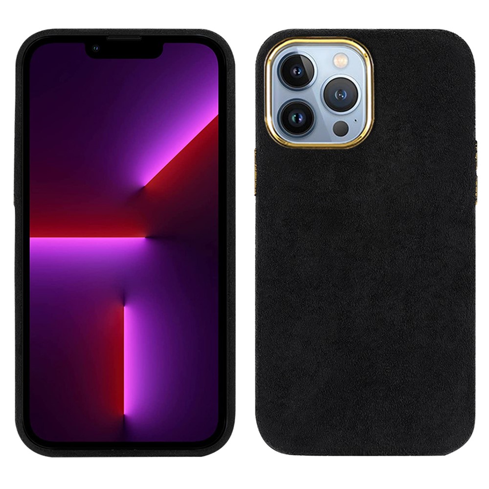 Shockproof Flocking PU Leather Coated PET + Metal Hybrid Case Mobile Phone Protective Cover for iPhone 13 Pro Max 6.7 inch - Black-1