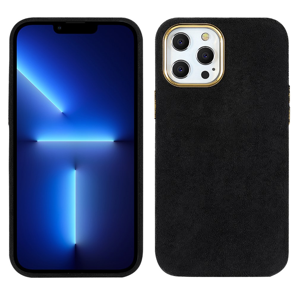 Flocking PU Leather Coated PET + Metal Hybrid Case All-wrapped Back Mobile Phone Protective Cover for iPhone 13 Pro 6.1 inch - Black-1