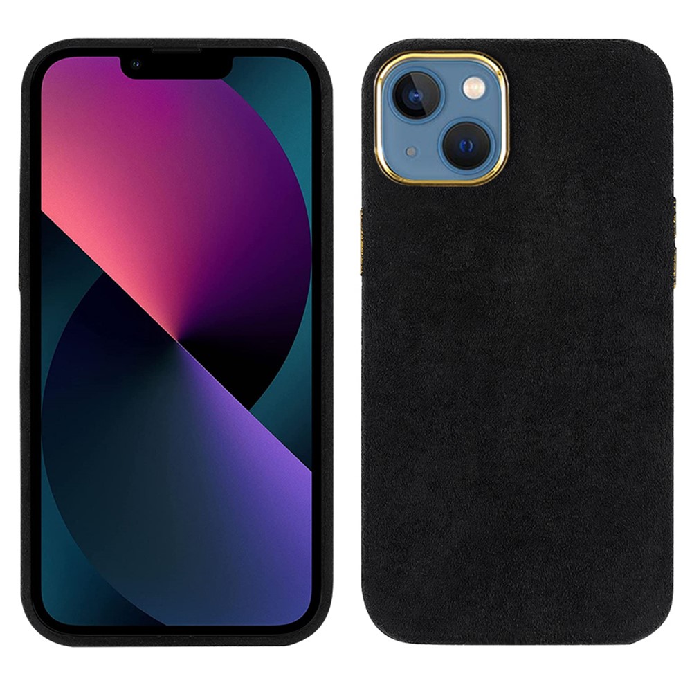 Slim Design Flocking PU Leather Coated PET + Metal Hybrid Case Mobile Phone Protective Cover for iPhone 13 6.1 inch - Black-1