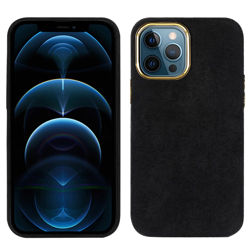 Fall Prevention Flocking PU Leather Coated PET + Metal Hybrid Case Mobile Phone Protective Cover for iPhone 12 Pro Max 6.7 inch - Black-1
