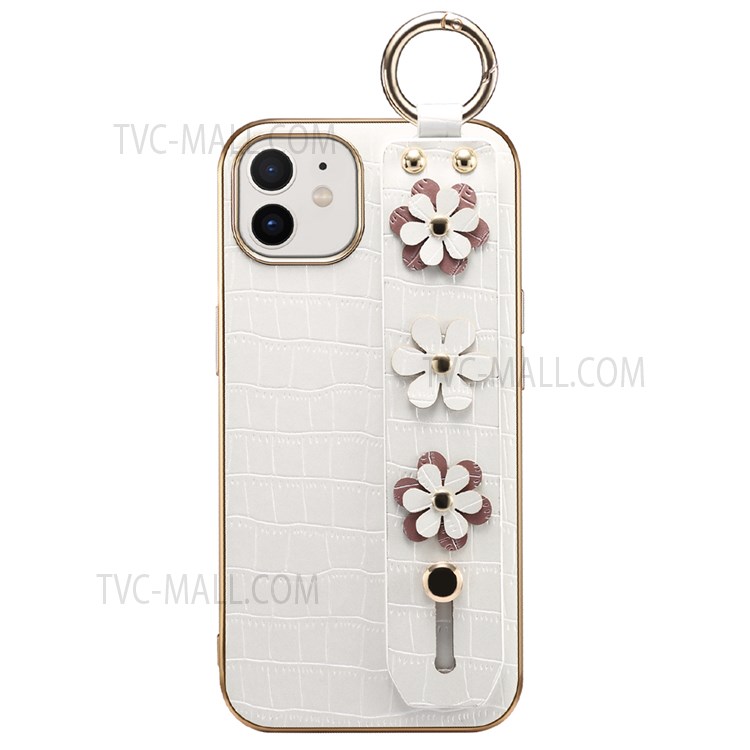 Sakura Decor Finger Ring Design Electroplating Bumper PU Leather Coated TPU Phone Case with Hand Strap Kickstand for iPhone 12 mini 5.4 inch - White-2