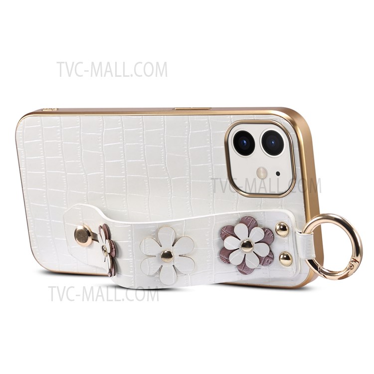Sakura Decor Finger Ring Design Electroplating Bumper PU Leather Coated TPU Phone Case with Hand Strap Kickstand for iPhone 12 mini 5.4 inch - White-3