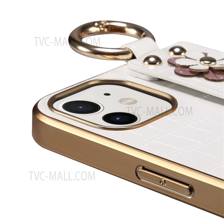Sakura Decor Finger Ring Design Electroplating Bumper PU Leather Coated TPU Phone Case with Hand Strap Kickstand for iPhone 12 mini 5.4 inch - White-4