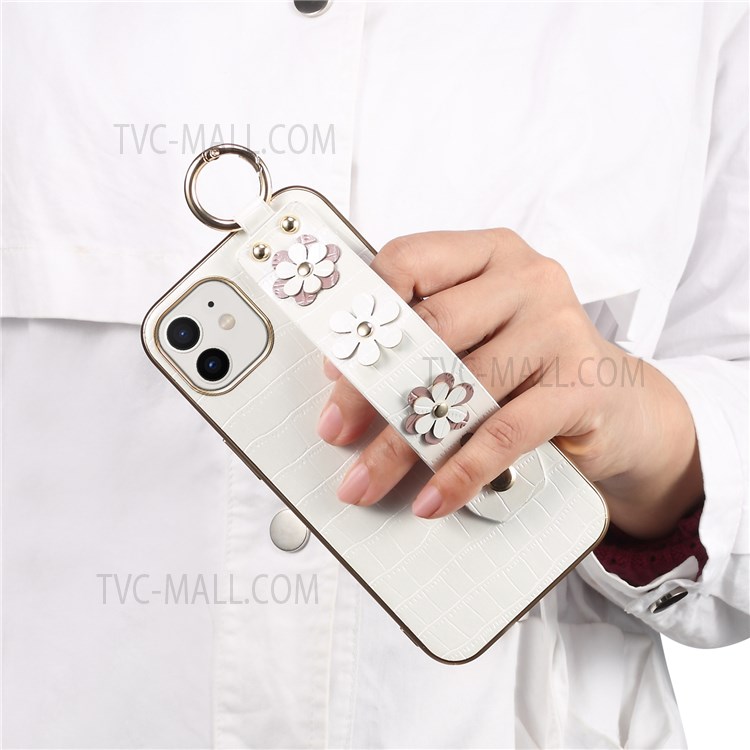 Sakura Decor Finger Ring Design Electroplating Bumper PU Leather Coated TPU Phone Case with Hand Strap Kickstand for iPhone 12 mini 5.4 inch - White-6