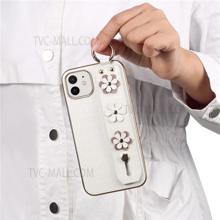 Sakura Decor Finger Ring Design Electroplating Bumper PU Leather Coated TPU Phone Case with Hand Strap Kickstand for iPhone 12 mini 5.4 inch - White-7