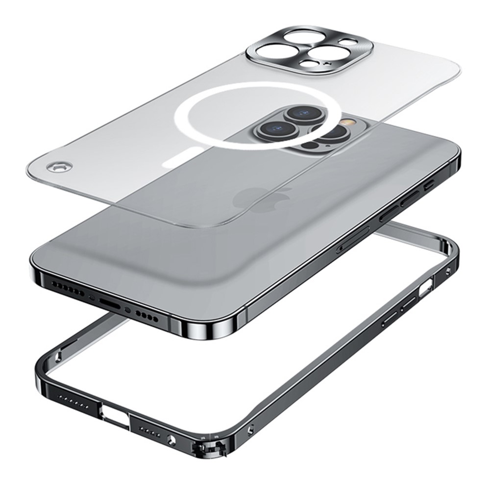 Tempered Glass + Metal Hybrid Scratch-resistant Phone Case Matte Transparent Protective Cover with Magnetic Wireless Charging Feature for iPhone 13 mini 5.4 inch - Black-6