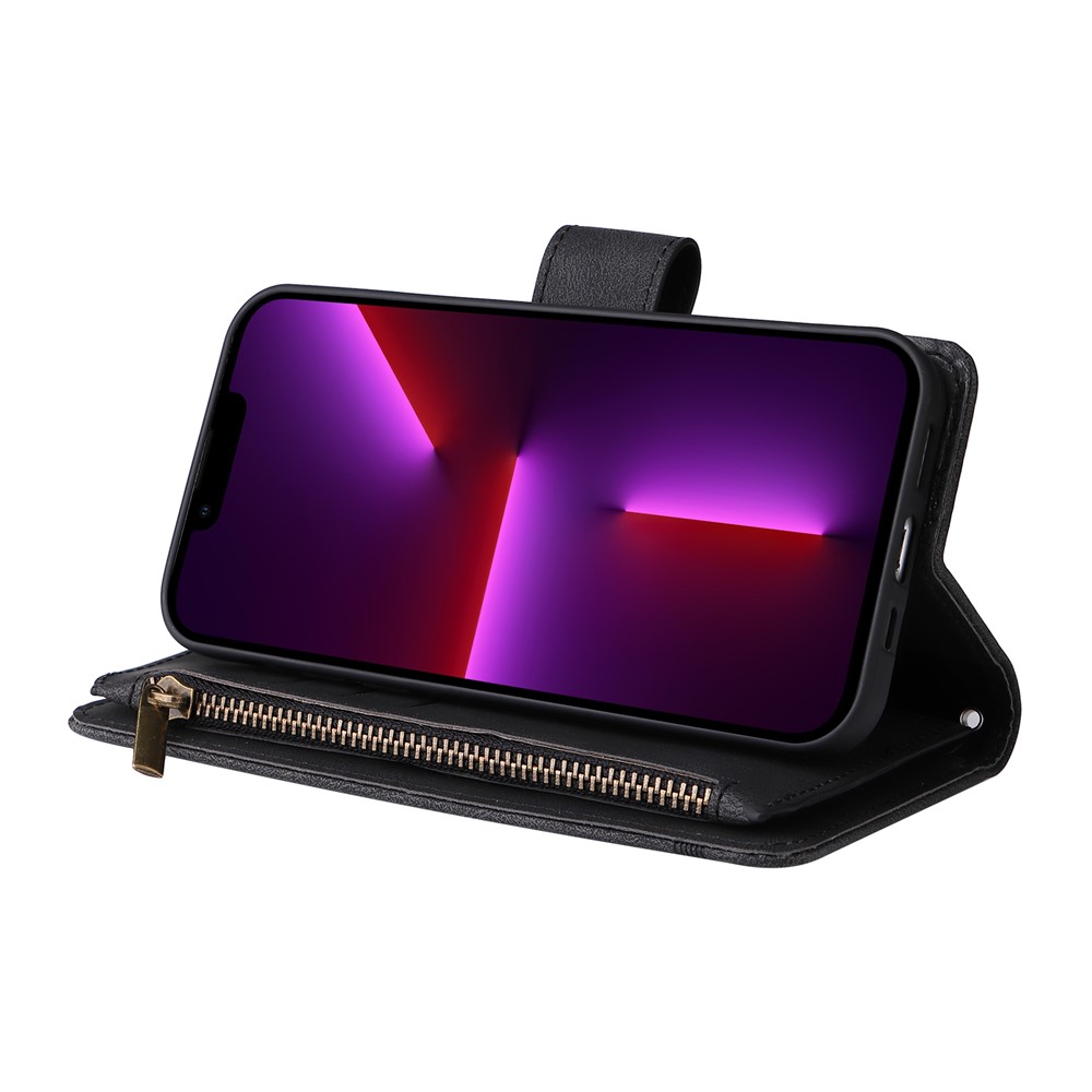 Skin-touch Stripes Imprinted Wallet Stand Leather Cover Overall Protection Card Slots Phone Case with Zipper Pocket for iPhone 13 Pro 6.1 inch - Black-4