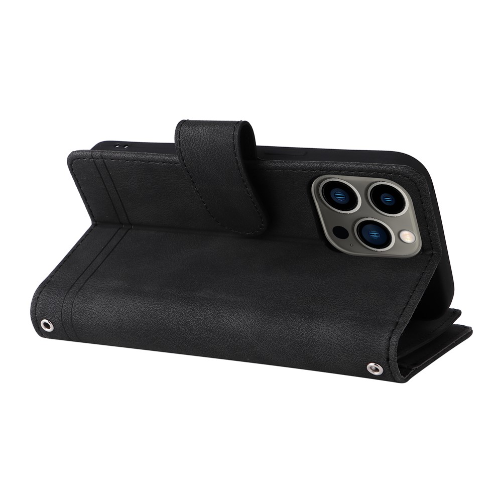 Skin-touch Stripes Imprinted Wallet Stand Leather Cover Overall Protection Card Slots Phone Case with Zipper Pocket for iPhone 13 Pro 6.1 inch - Black-5