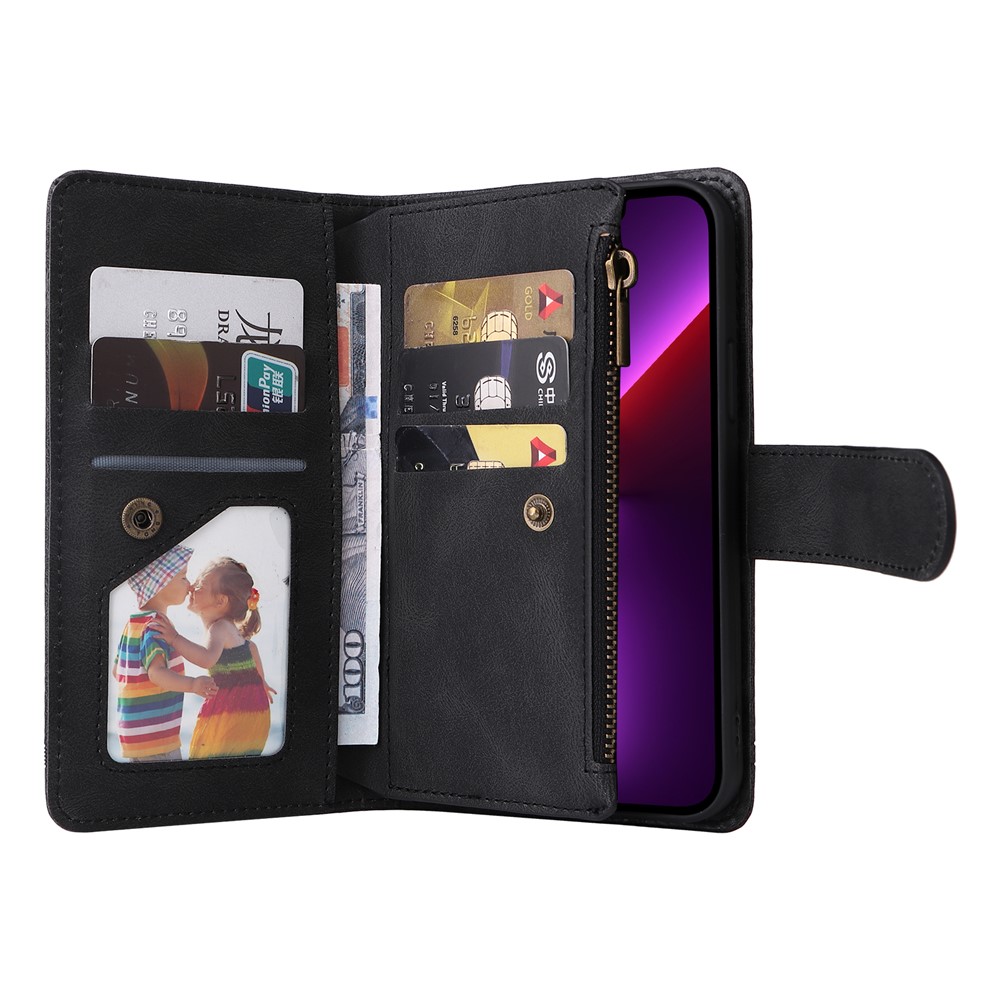 Skin-touch Stripes Imprinted Wallet Stand Leather Cover Overall Protection Card Slots Phone Case with Zipper Pocket for iPhone 13 Pro 6.1 inch - Black-6