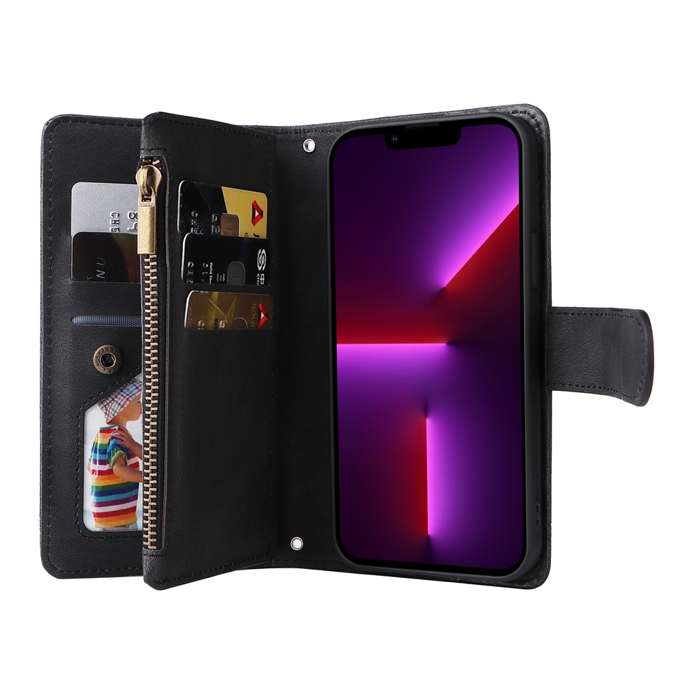 Skin-touch Stripes Imprinted Wallet Stand Leather Cover Overall Protection Card Slots Phone Case with Zipper Pocket for iPhone 13 Pro 6.1 inch - Black-8
