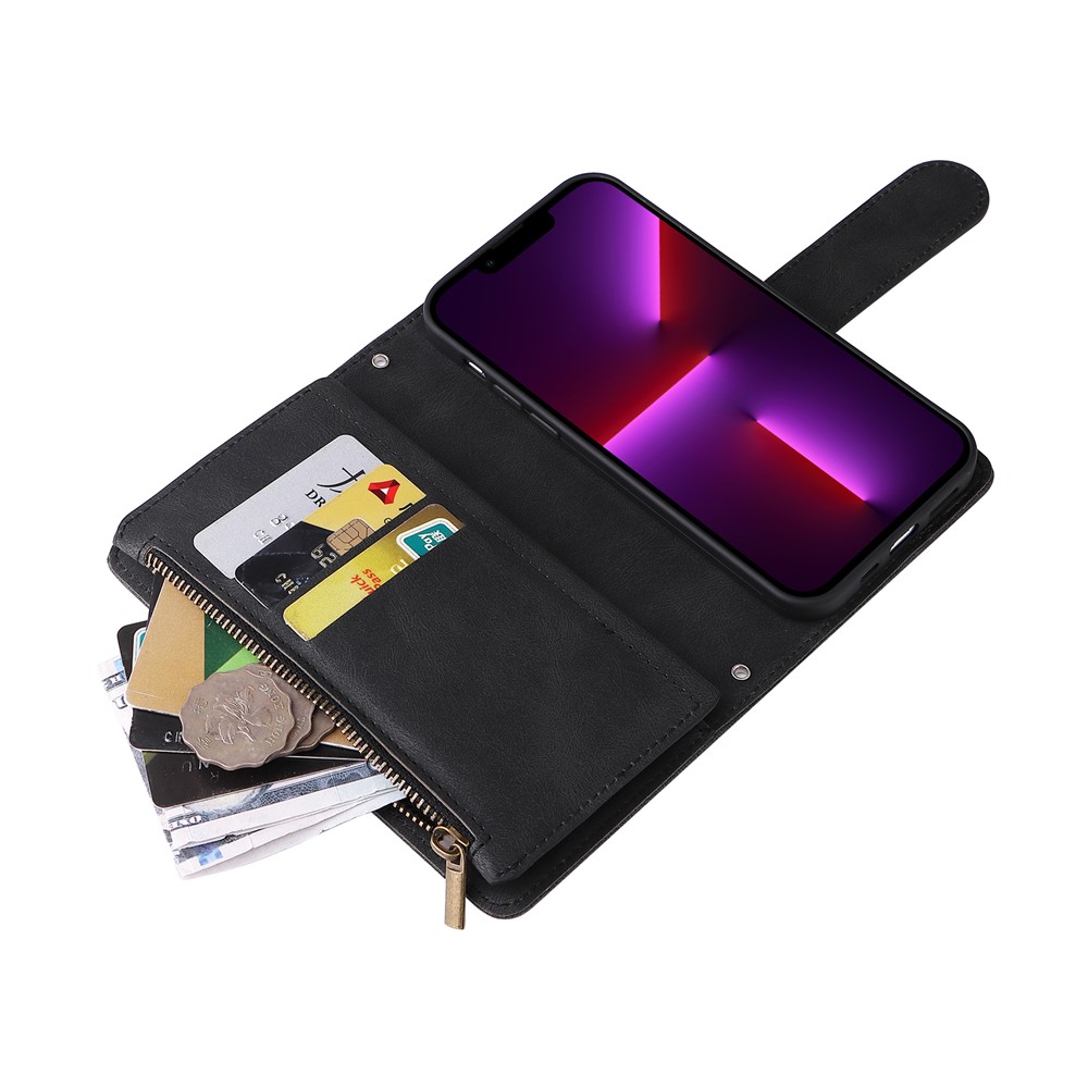 Skin-touch Stripes Imprinted Wallet Stand Leather Cover Overall Protection Card Slots Phone Case with Zipper Pocket for iPhone 13 Pro 6.1 inch - Black-9