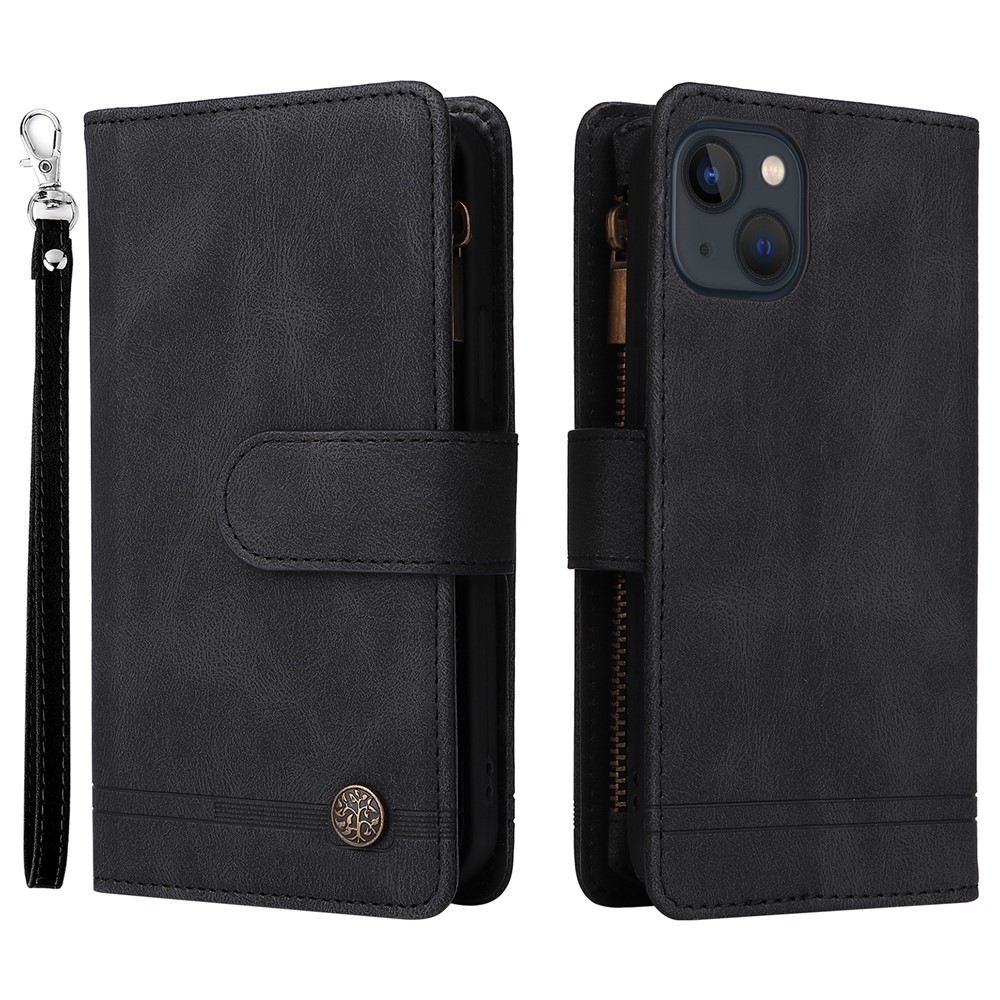 Stripes Imprinted Skin-touch Wallet Stand Fully Wrapped Leather Cover Card Slots Phone Case with Zipper Pocket for iPhone 13 6.1 inch - Black-1